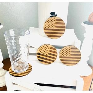 4 Handmade Farmhouse Inspired American Flag Themed Round Coaster Set